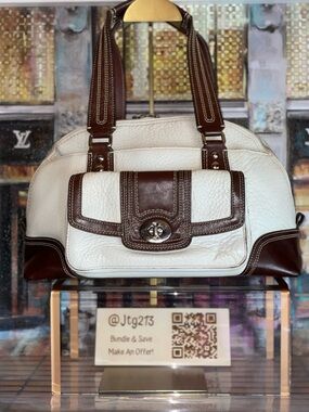 Coach Cream Pebbled Leather Satchel Brown Trim Turnlock Pocket Bag